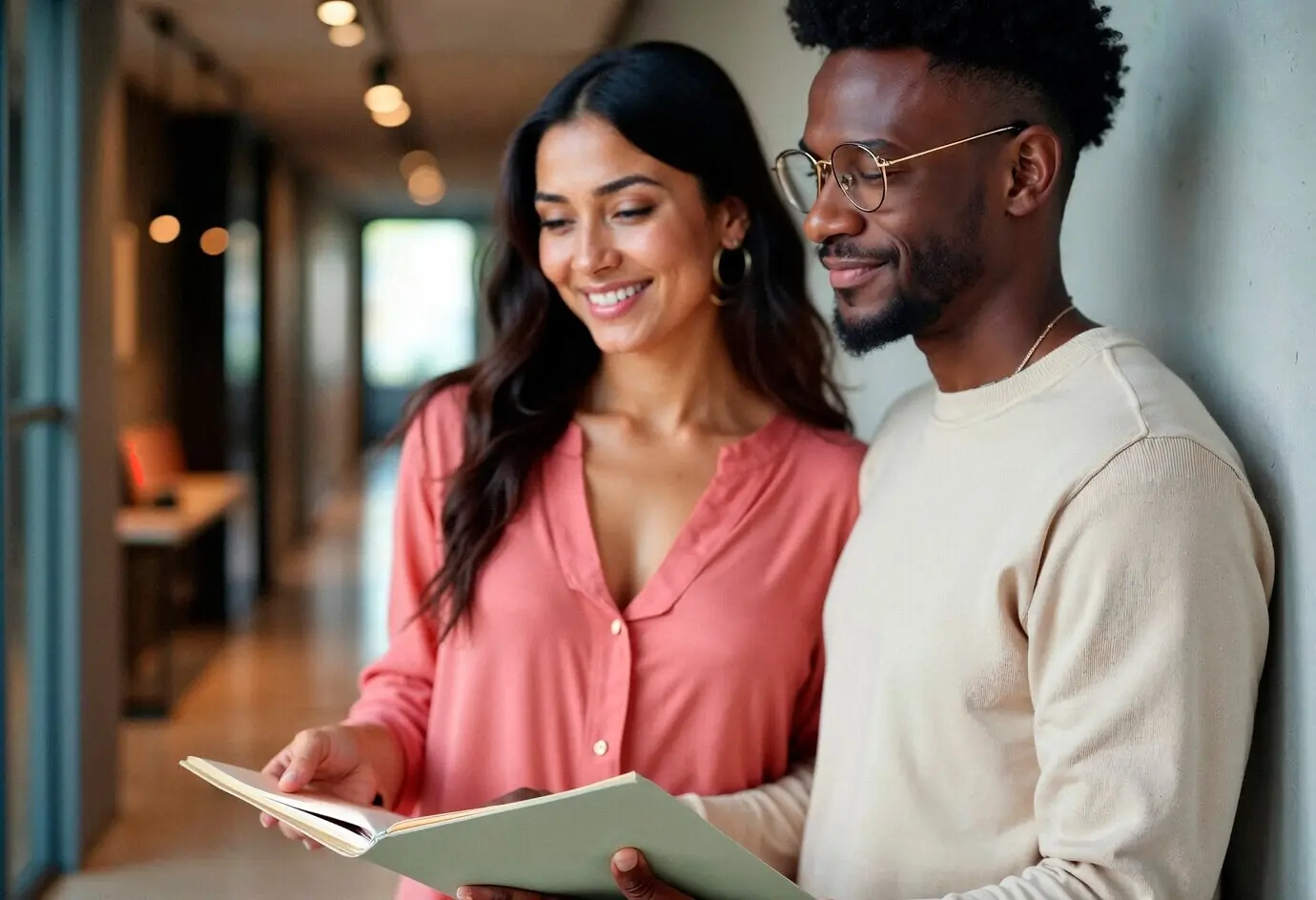 A couple in an office is looking at a book.